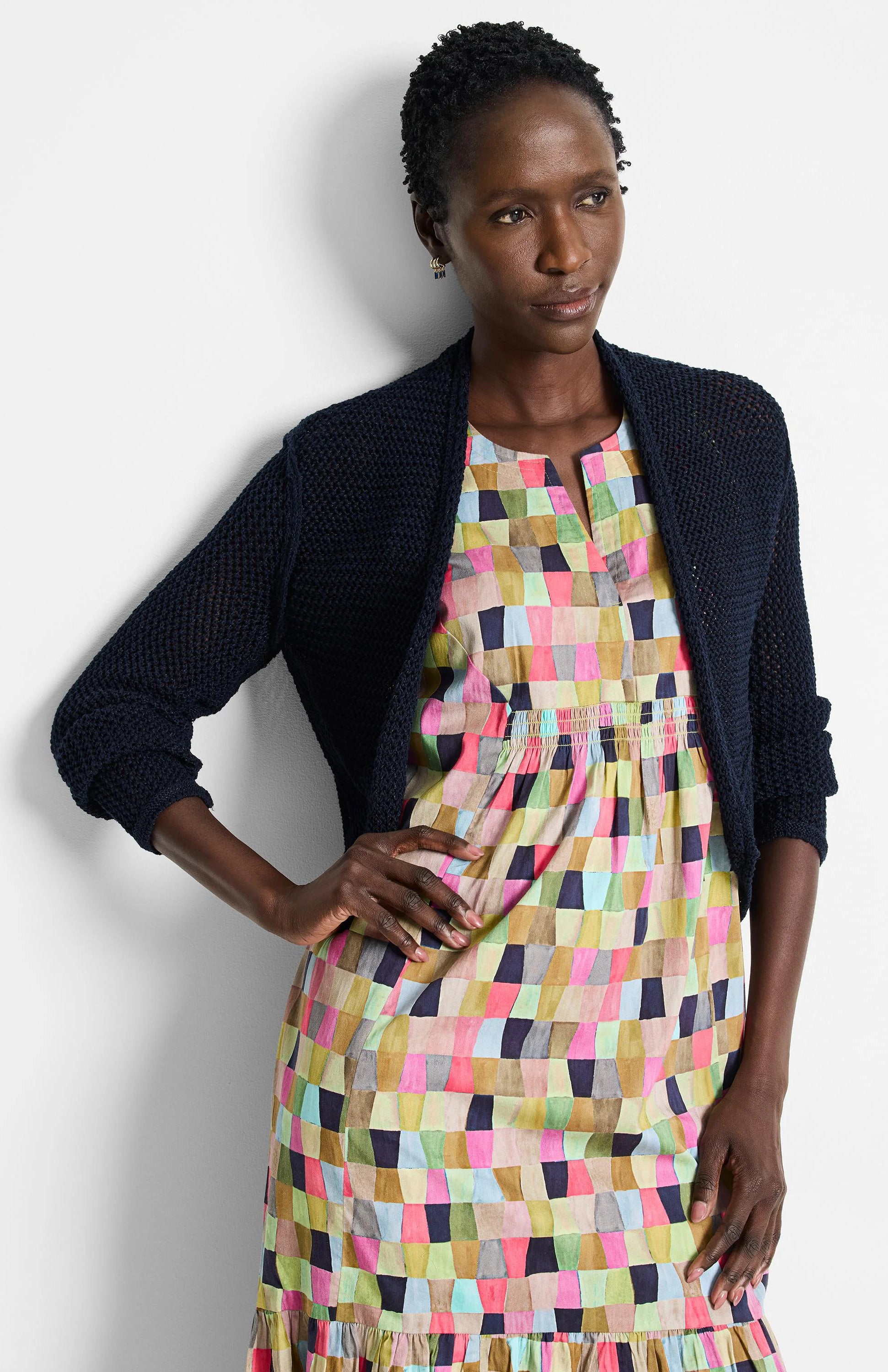 Navy blue mesh cardigan, short sleeves, open front.