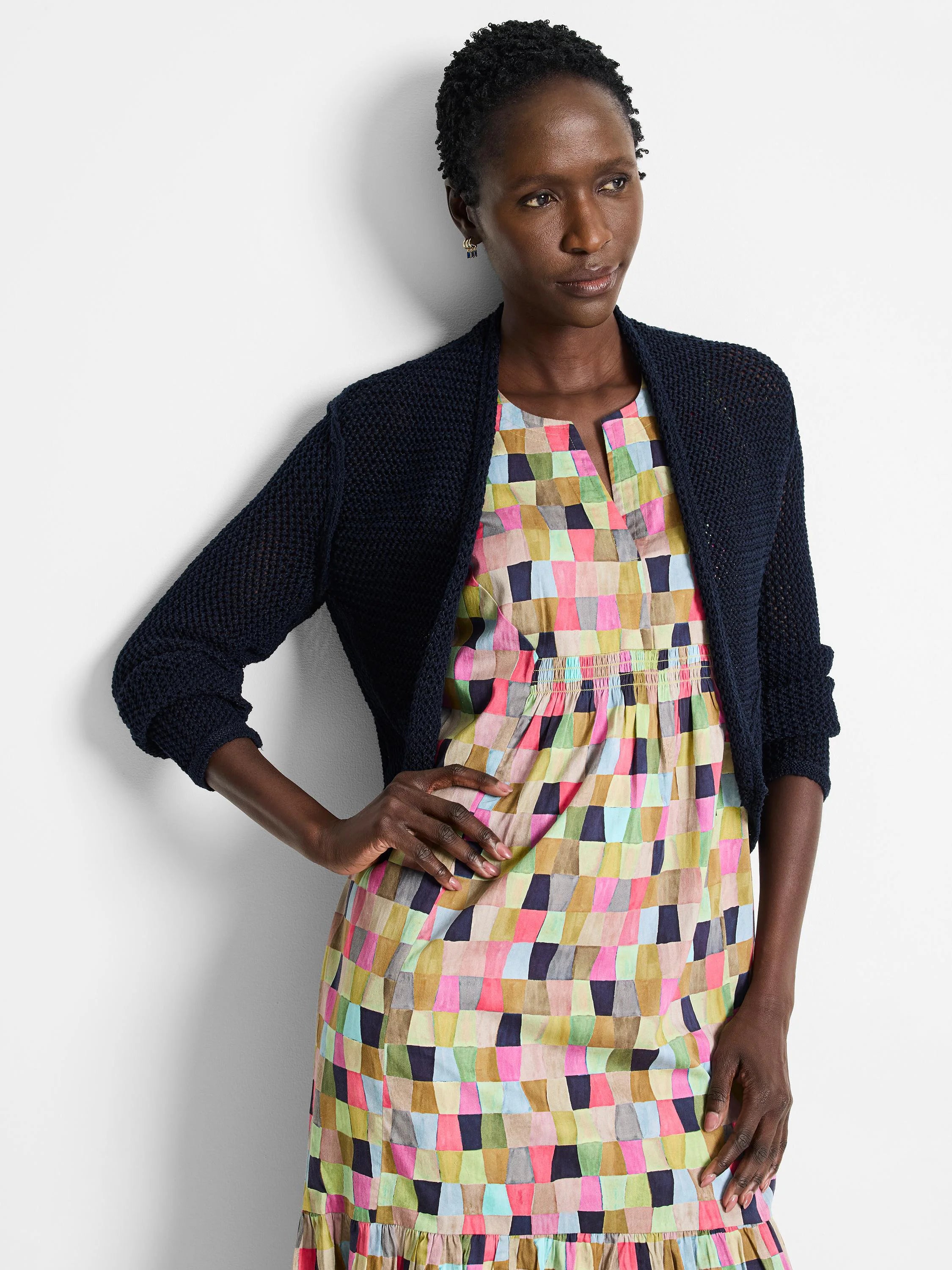 Navy blue mesh cardigan, short sleeves, open front.