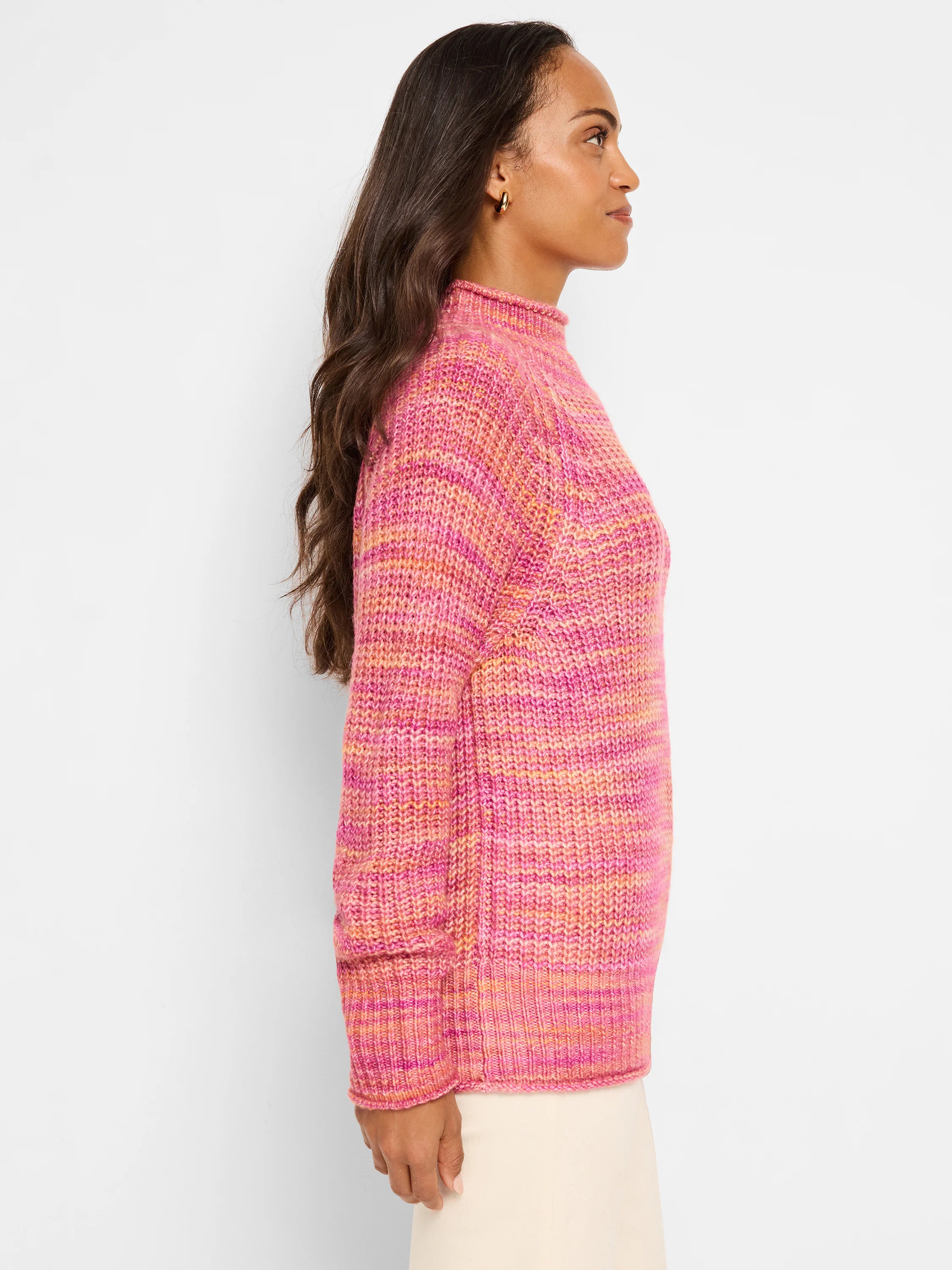 Pink, orange, and yellow horizontal striped knit sweater. Mock neck, long sleeves.