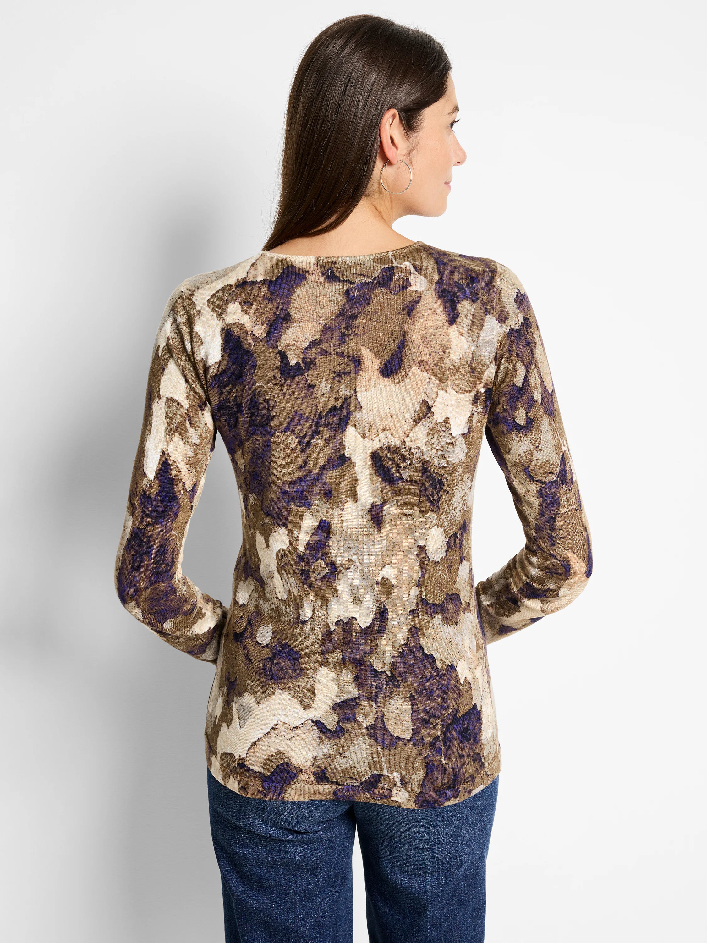 Long-sleeve, fitted sweater. Beige, olive, and purple abstract camo pattern.