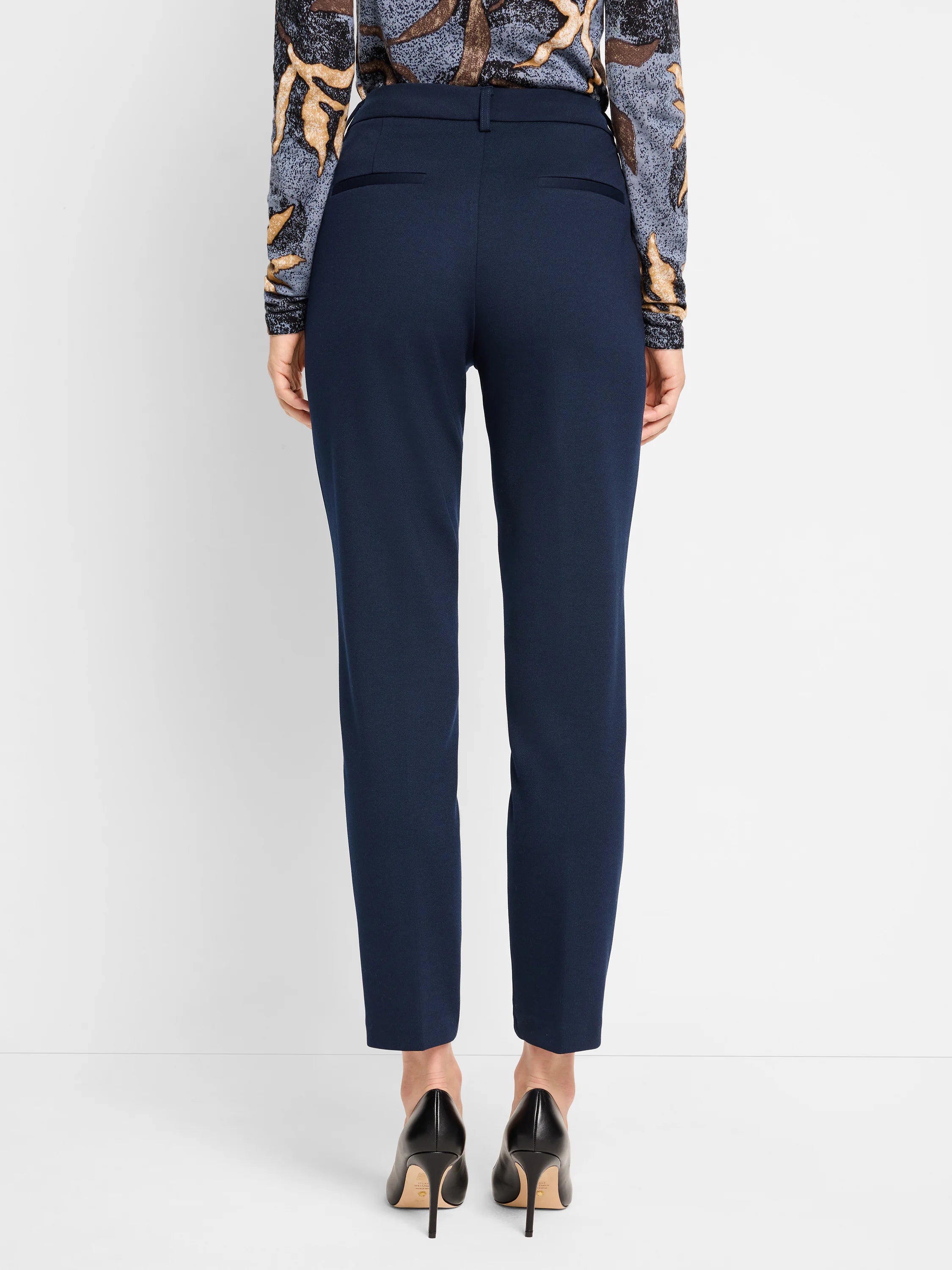 Here's alt text for the image, suitable for visually impaired users:
"Navy blue Ponte knit trousers; straight leg,...