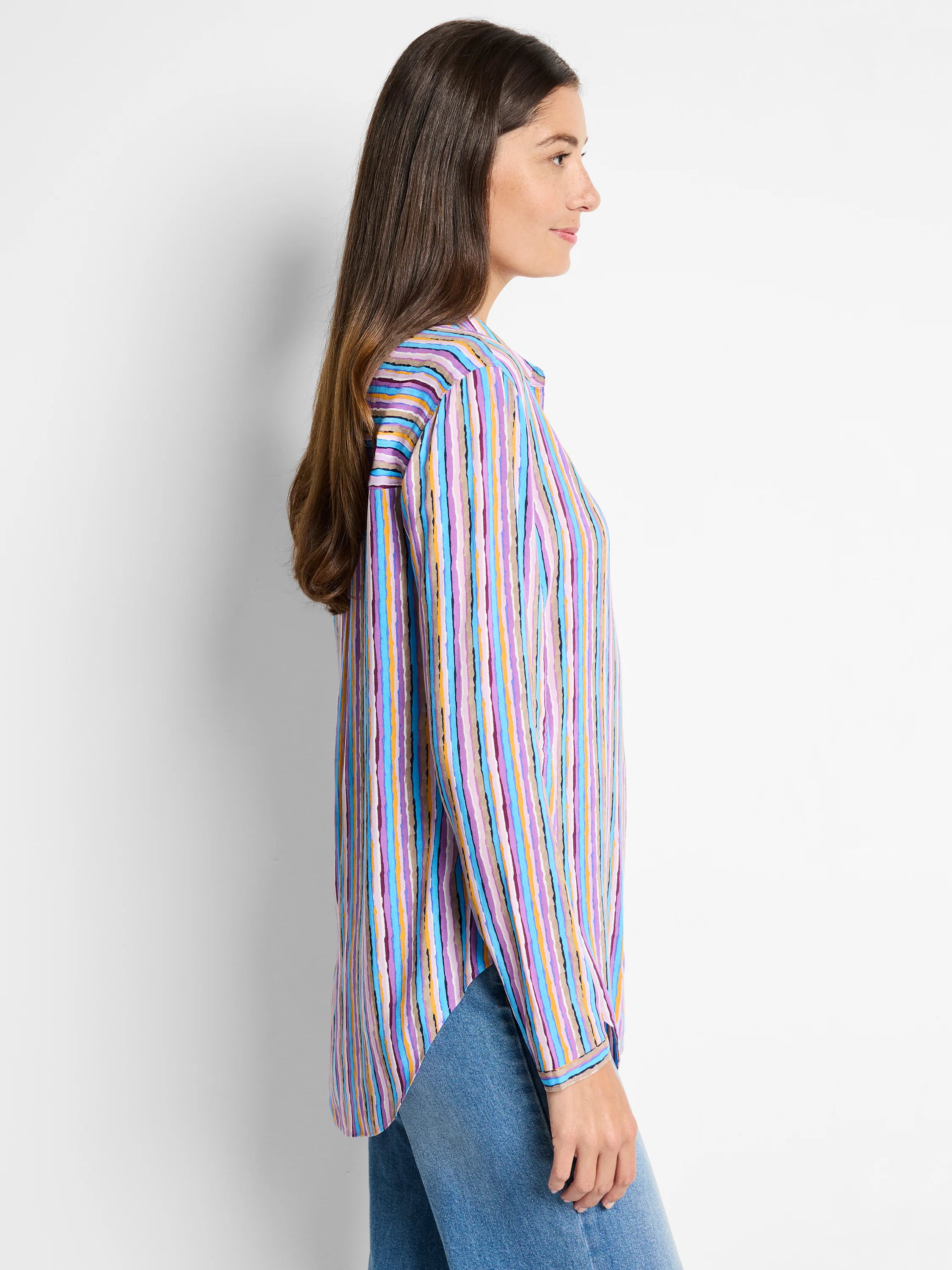 Solstice Stripe Shirt: Long-sleeved, vertically striped shirt in light blue, purple, orange, and beige. Slightly curved...