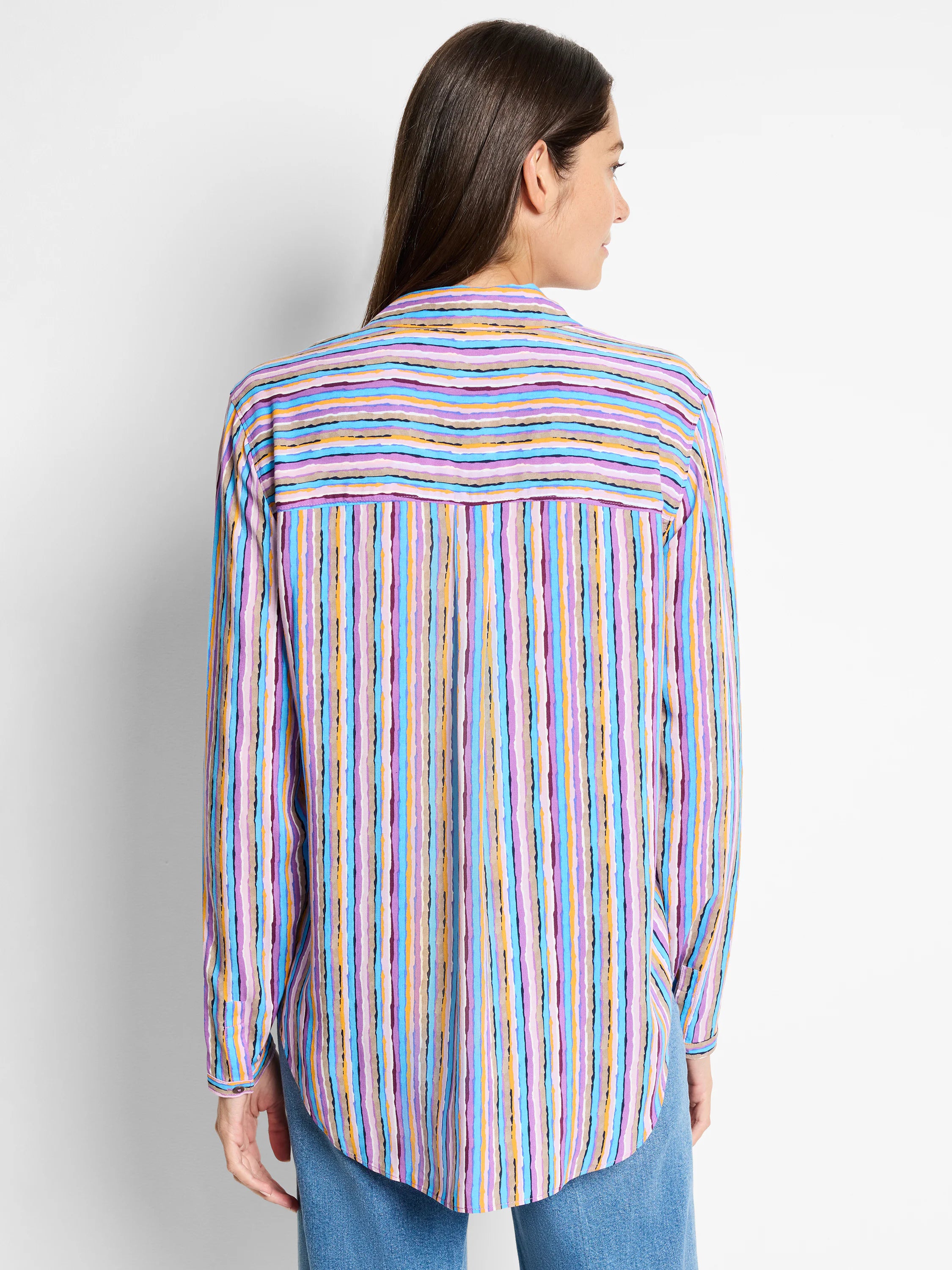 Multicolored vertically striped shirt. Light blue, purple, pink, orange, and brown stripes. Long sleeves, curved hem.