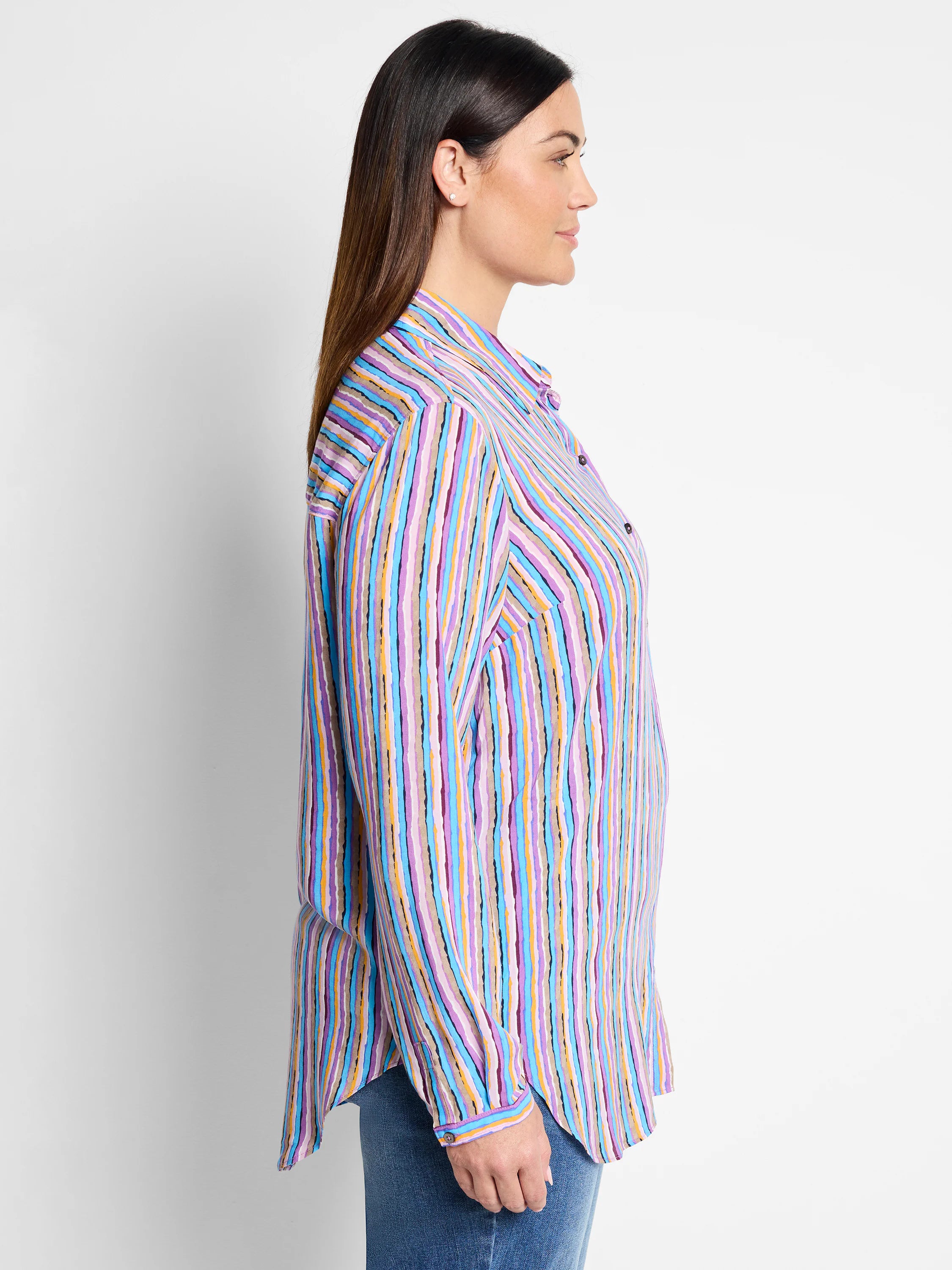 Multicolored vertical stripes on a long-sleeve collared shirt. Predominant colors are purple, blue, light pink, and gold.