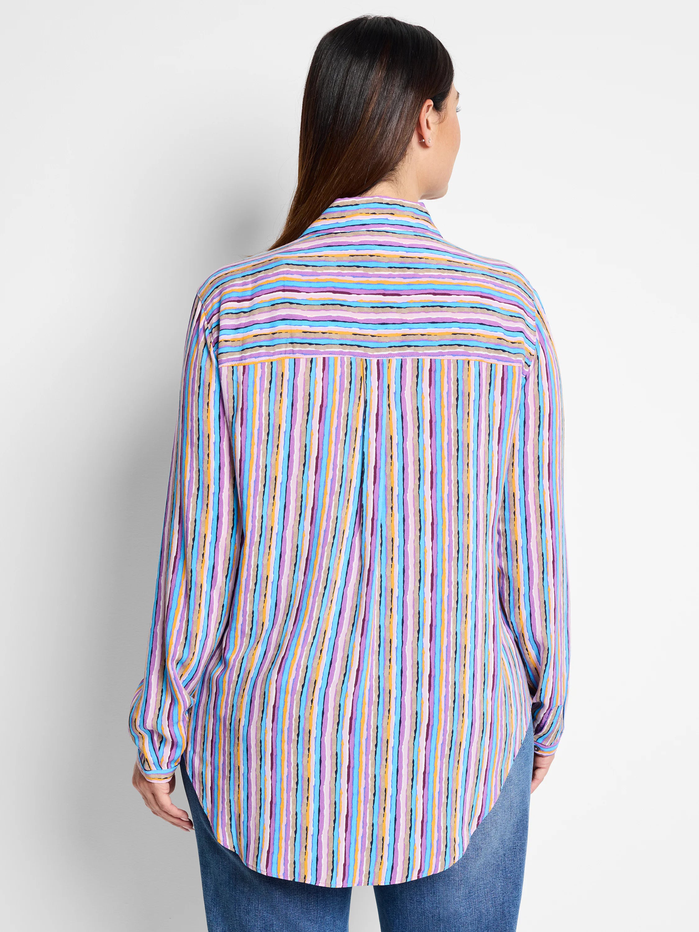 Long-sleeve shirt, multicolored vertical stripes in purple, blue, tan, and gold. Slightly curved hem.