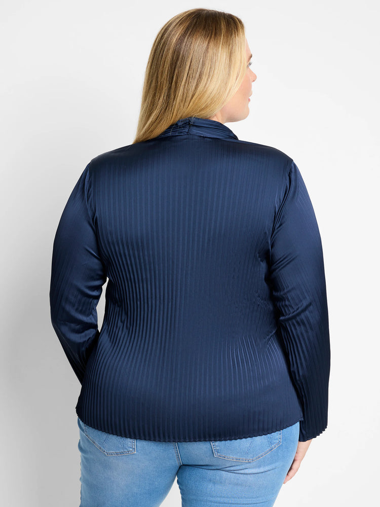 Here's alt text for the image, under 125 characters:
Dark navy blue, long-sleeved pleated shirt. Vertical pleats; cowl...