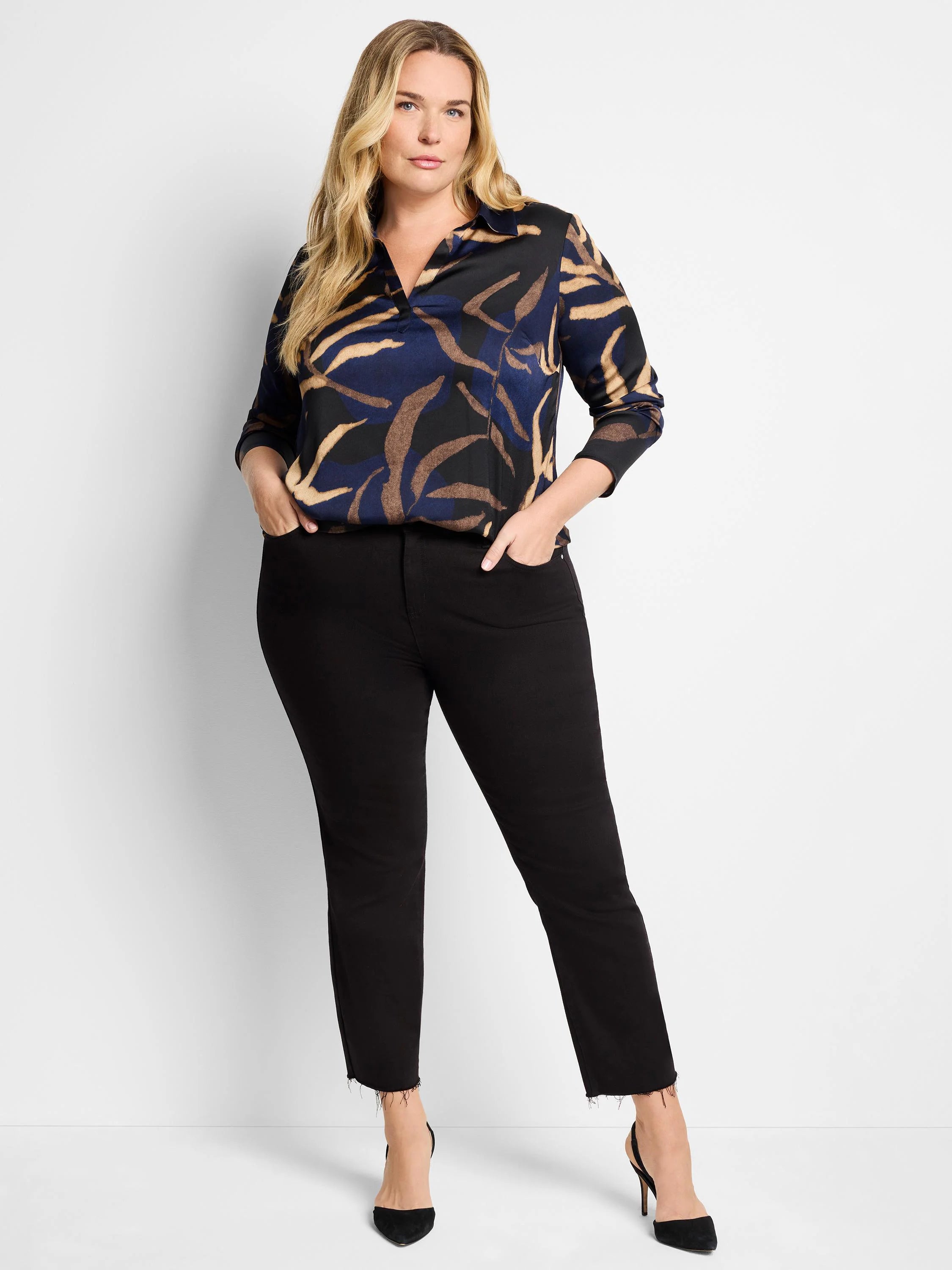 Navy, tan, and black abstract leaf print long-sleeve collared shirt.