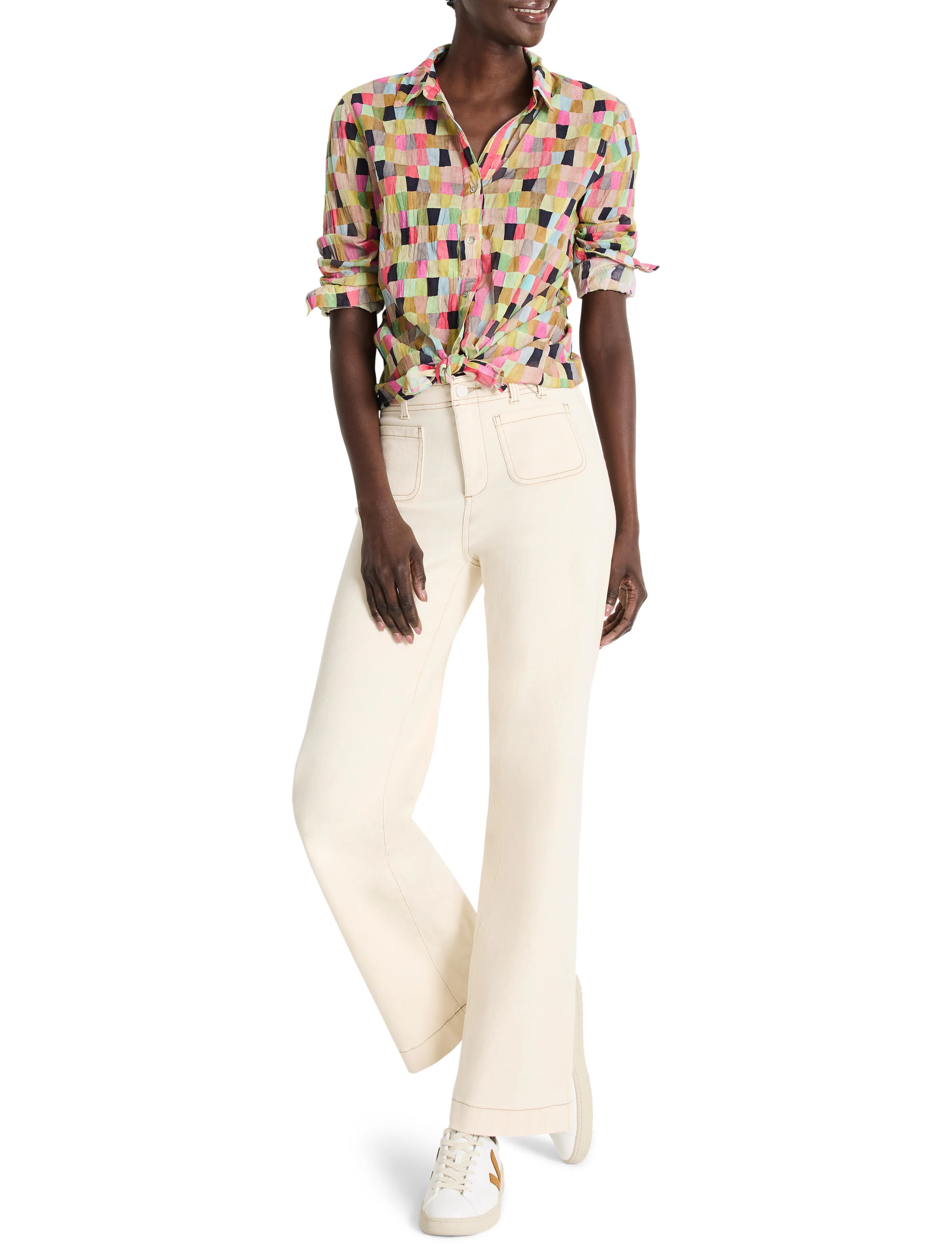 Cotton shirt; multicolored patchwork squares in pinks, greens, yellows, and black on a white background. Long sleeves,...