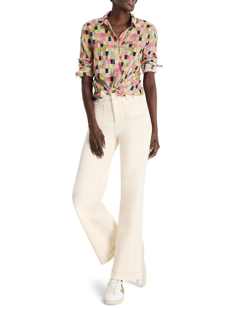 Cotton shirt; multicolored patchwork squares in pinks, greens, yellows, and black on a white background. Long sleeves,...