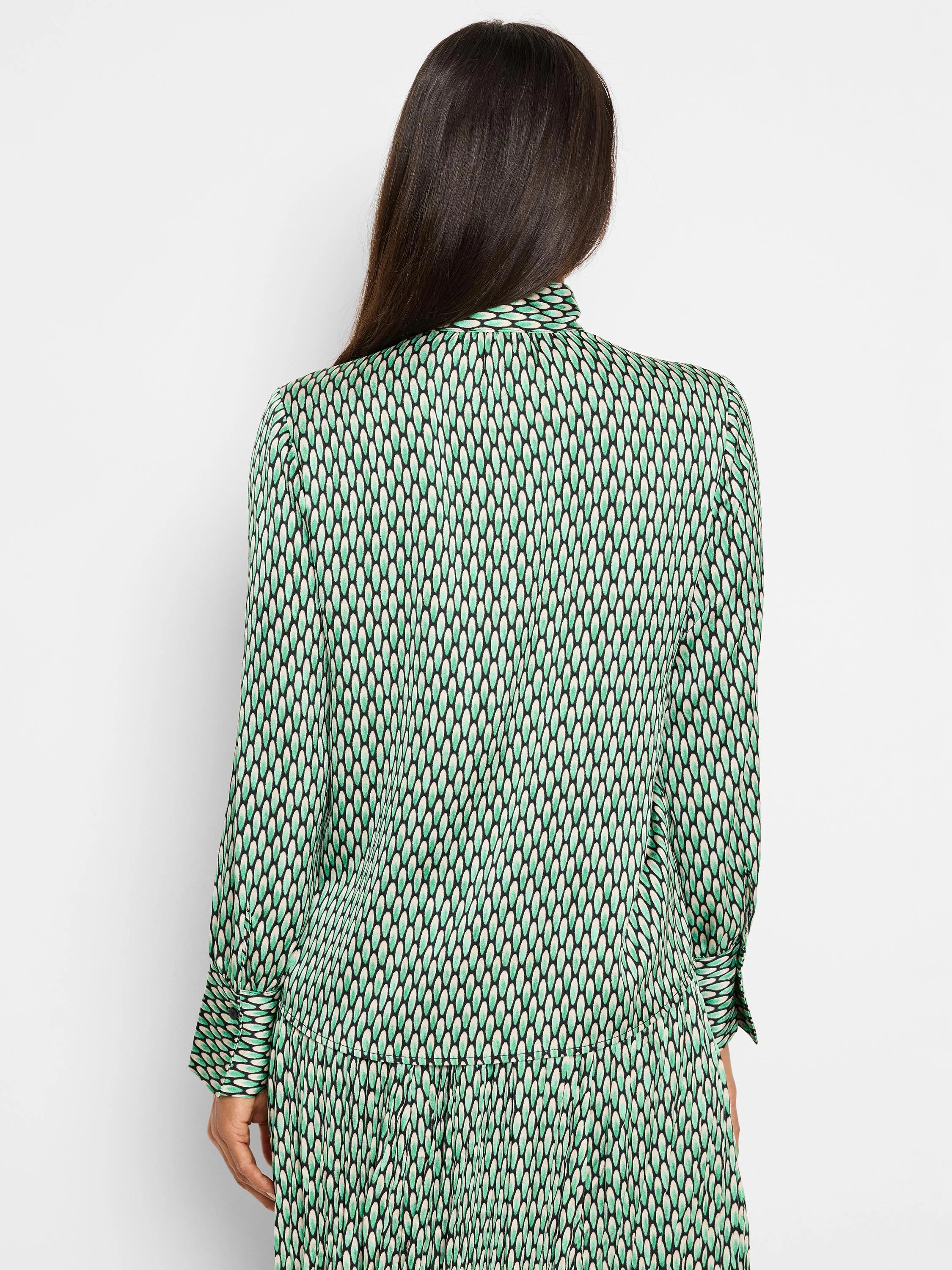 Green, cream, and black abstract dot print long-sleeved midi dress. Back view.