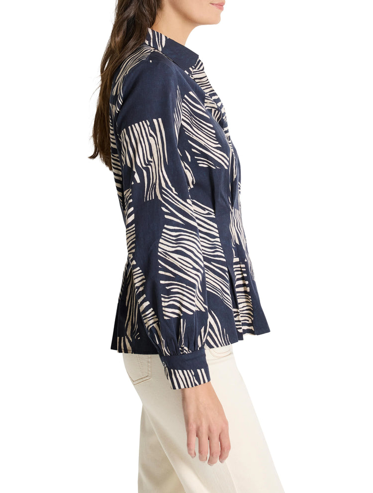 Dark navy shirt with off-white zebra stripes. Long sleeves, collared. Fitted waist.