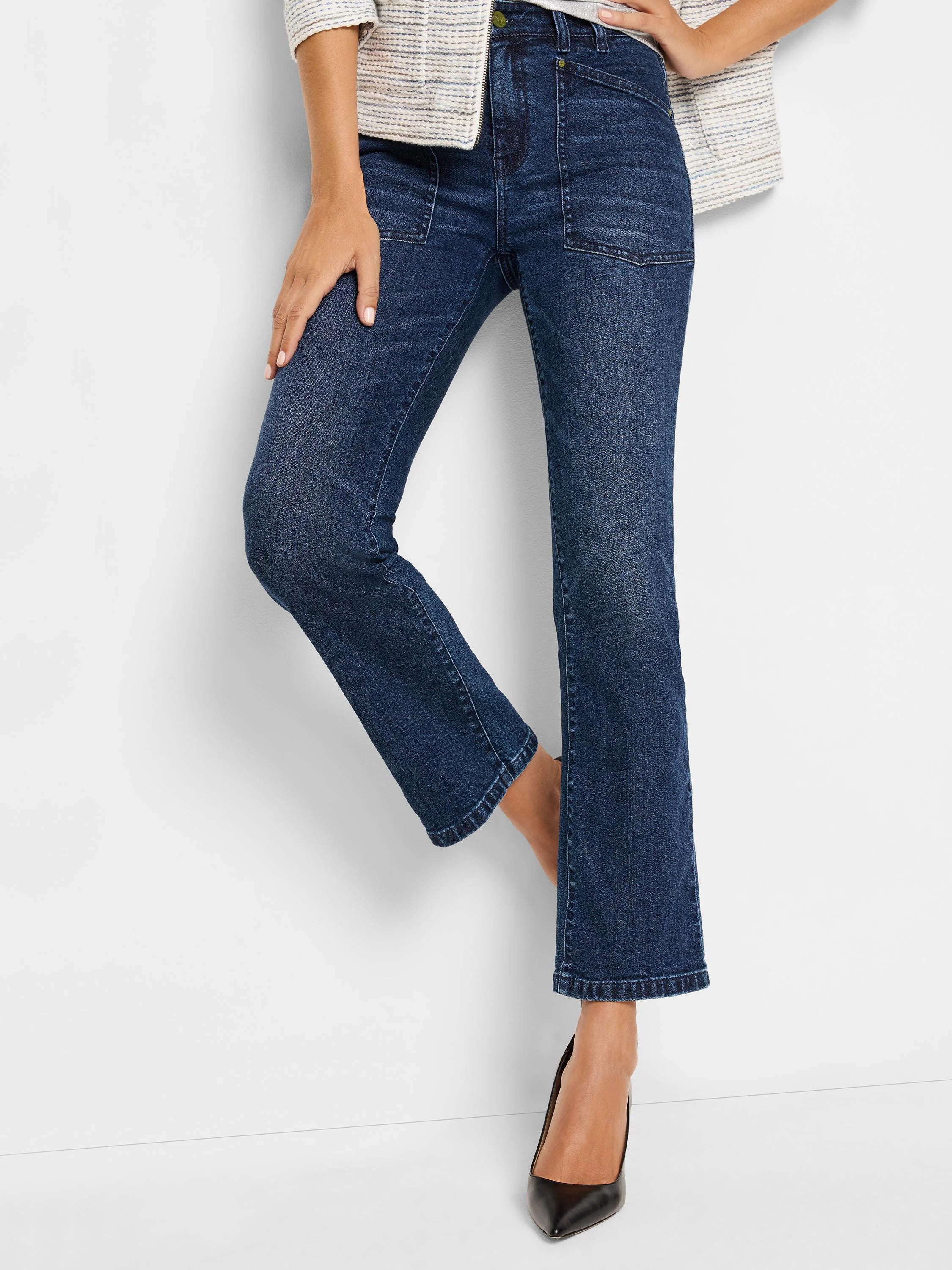 Dark wash denim jeans; bootcut; two front pockets.