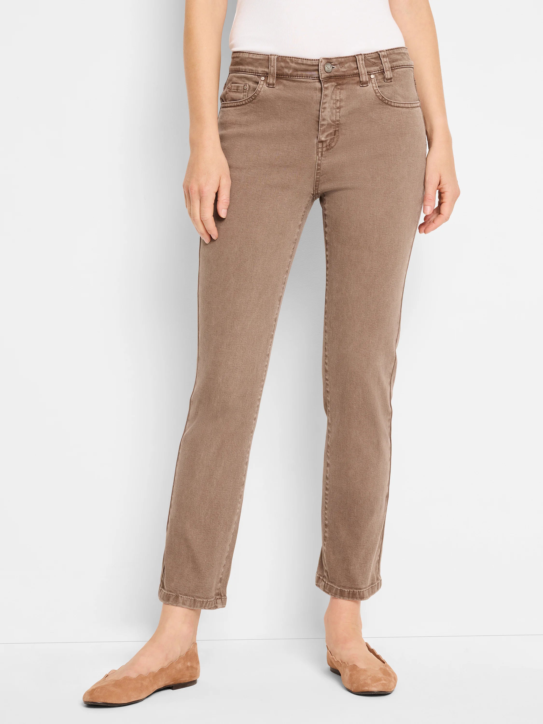 Brown straight ankle jeans with visible front pockets and a button closure. The straight-fit legs end above the ankle.