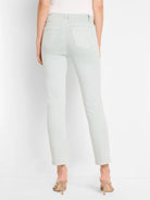 Pale grey-green straight ankle jeans, back view, featuring stitched rectangular back pockets.