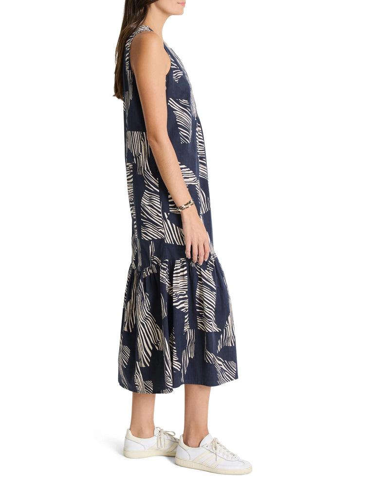 Sleeveless midi dress, navy blue background with off-white zebra stripes. Tiered skirt.