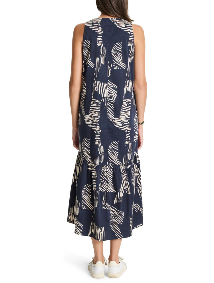 Navy midi dress with off-white zebra stripes. Sleeveless, tiered skirt.