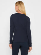Navy ribbed long-sleeve knit top, back view. Rounded neckline features a shiny trim.