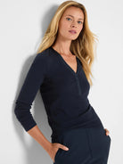 Dark navy rib knit V-neck top with a smooth-trimmed, buttoned placket.