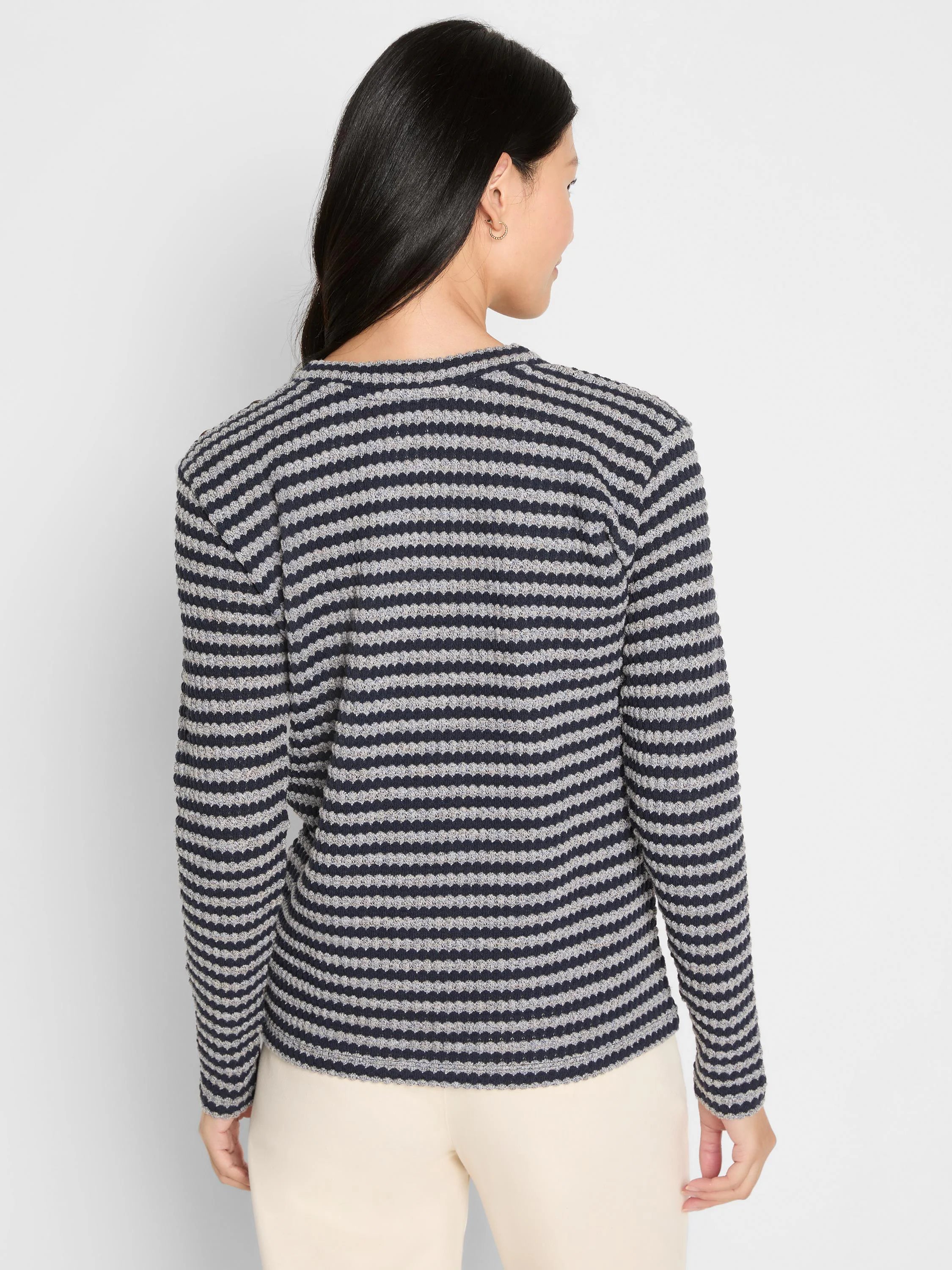 Dark blue & light grey textured horizontal stripe long-sleeve top, from back.