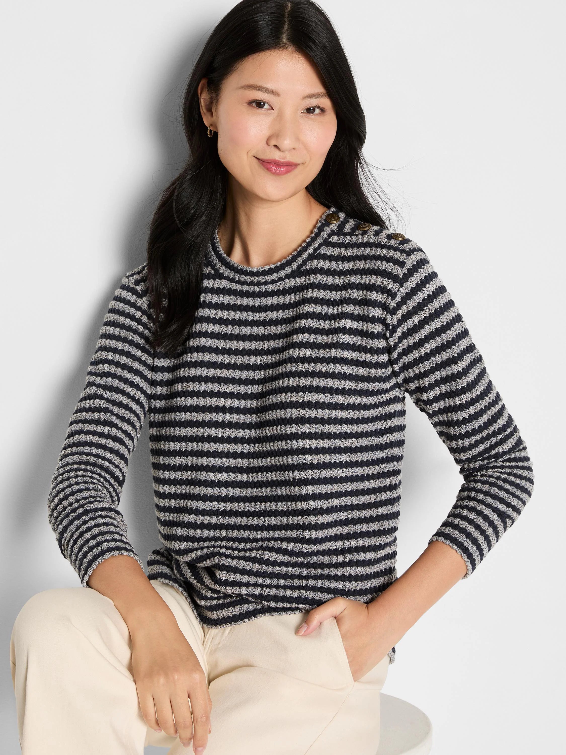 Navy & grey textured stripe long-sleeve top with decorative bronze buttons on the shoulders.