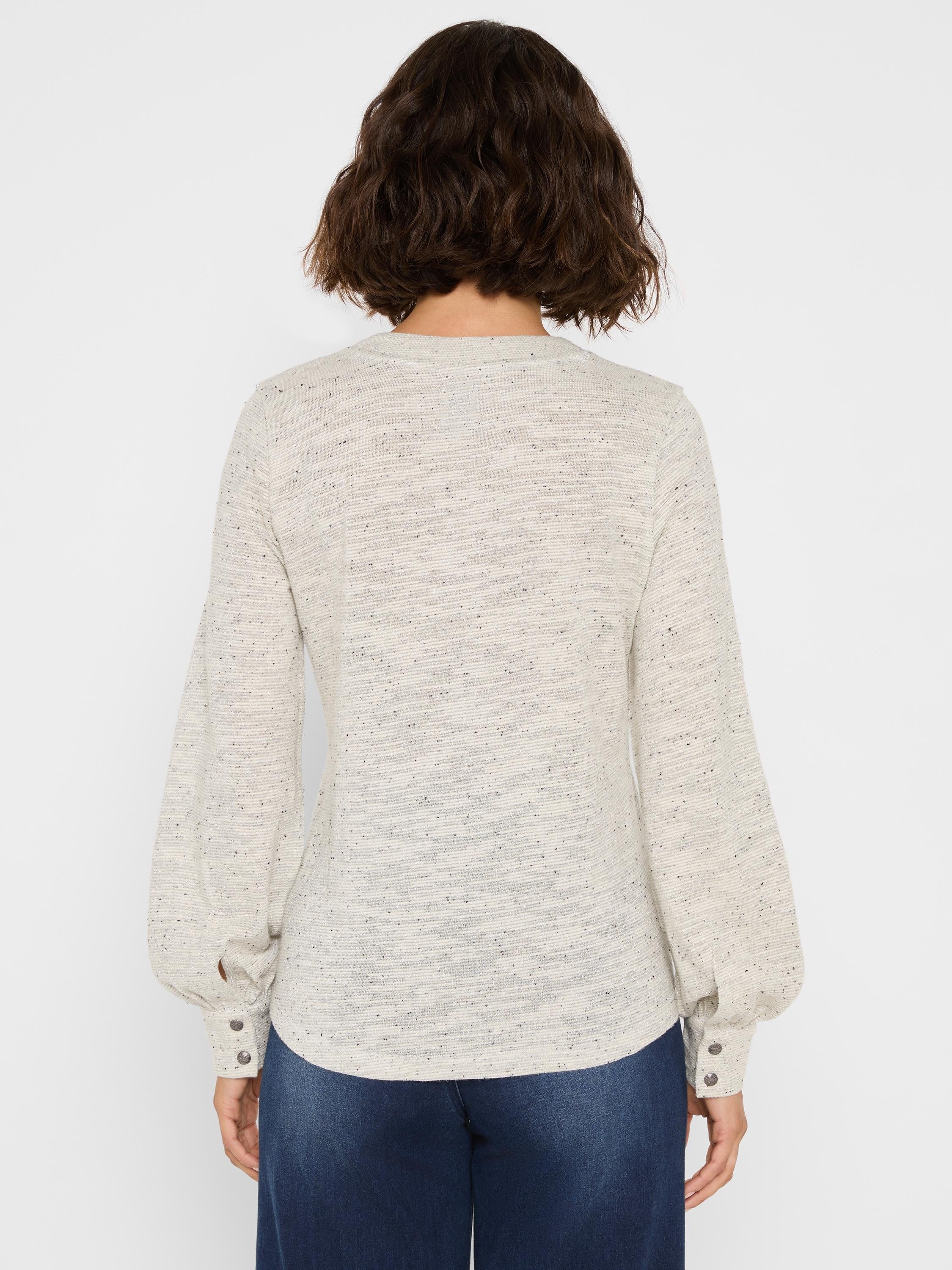 Light gray nep knit top with subtle sparkle and horizontal texture. Features balloon sleeves with two-button cuffs.