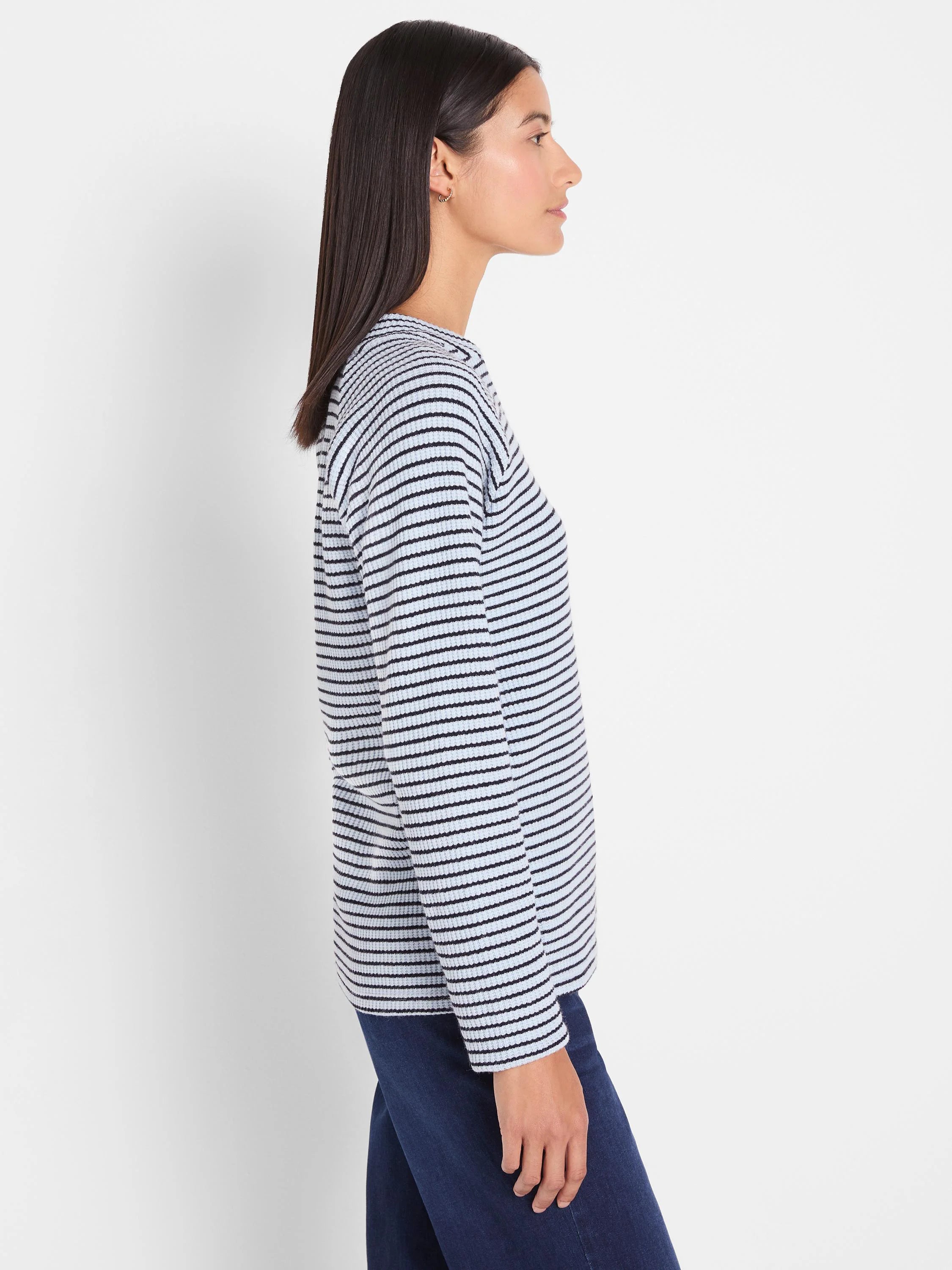 Light blue and navy horizontally striped long-sleeve thermal top with ribbed texture.