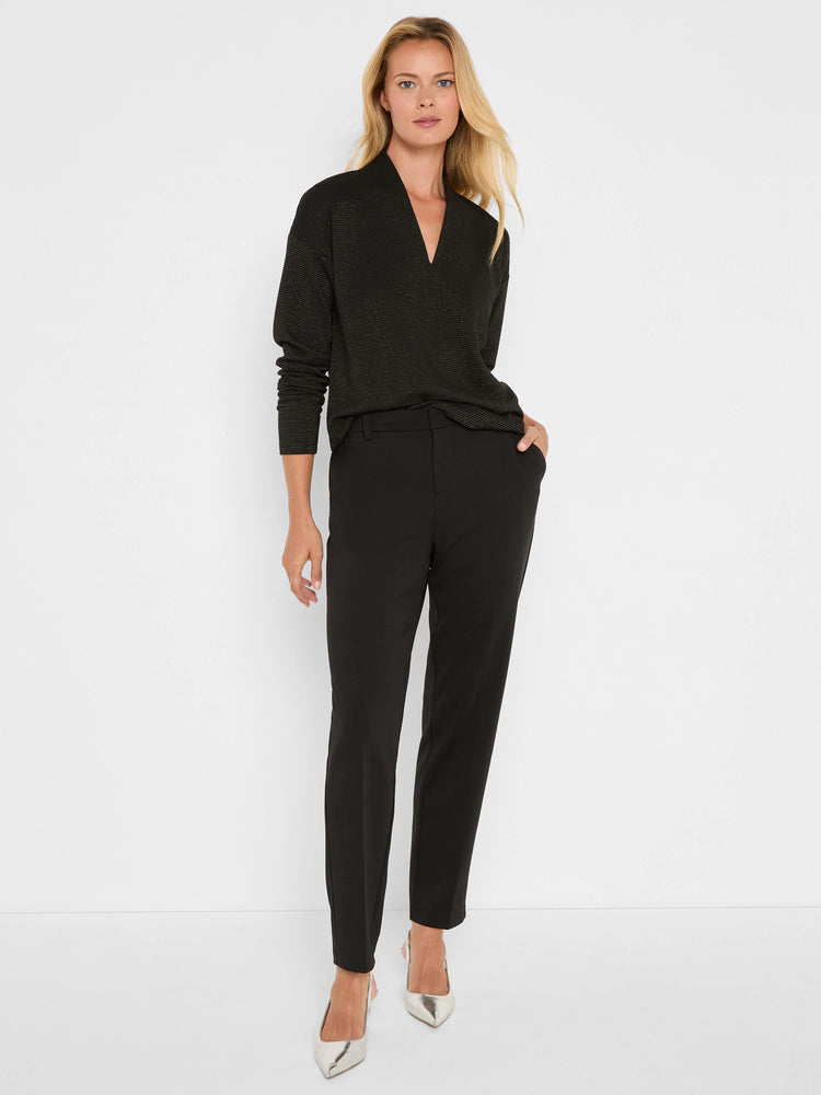 Black long-sleeve V-neck top with subtle horizontal sparkle stripes.