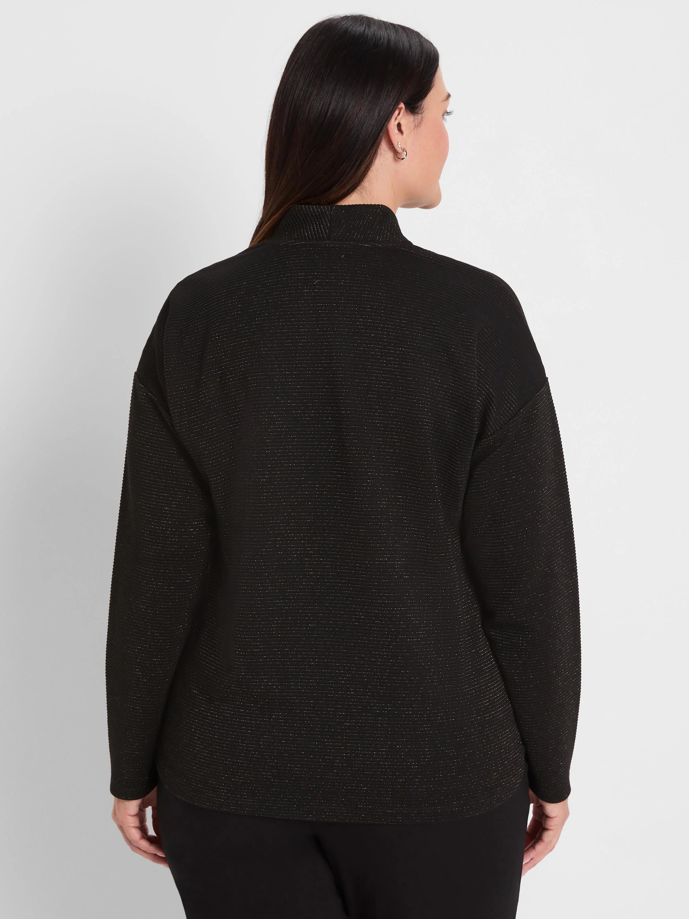 Black mock neck top with horizontal sparkly stripes.