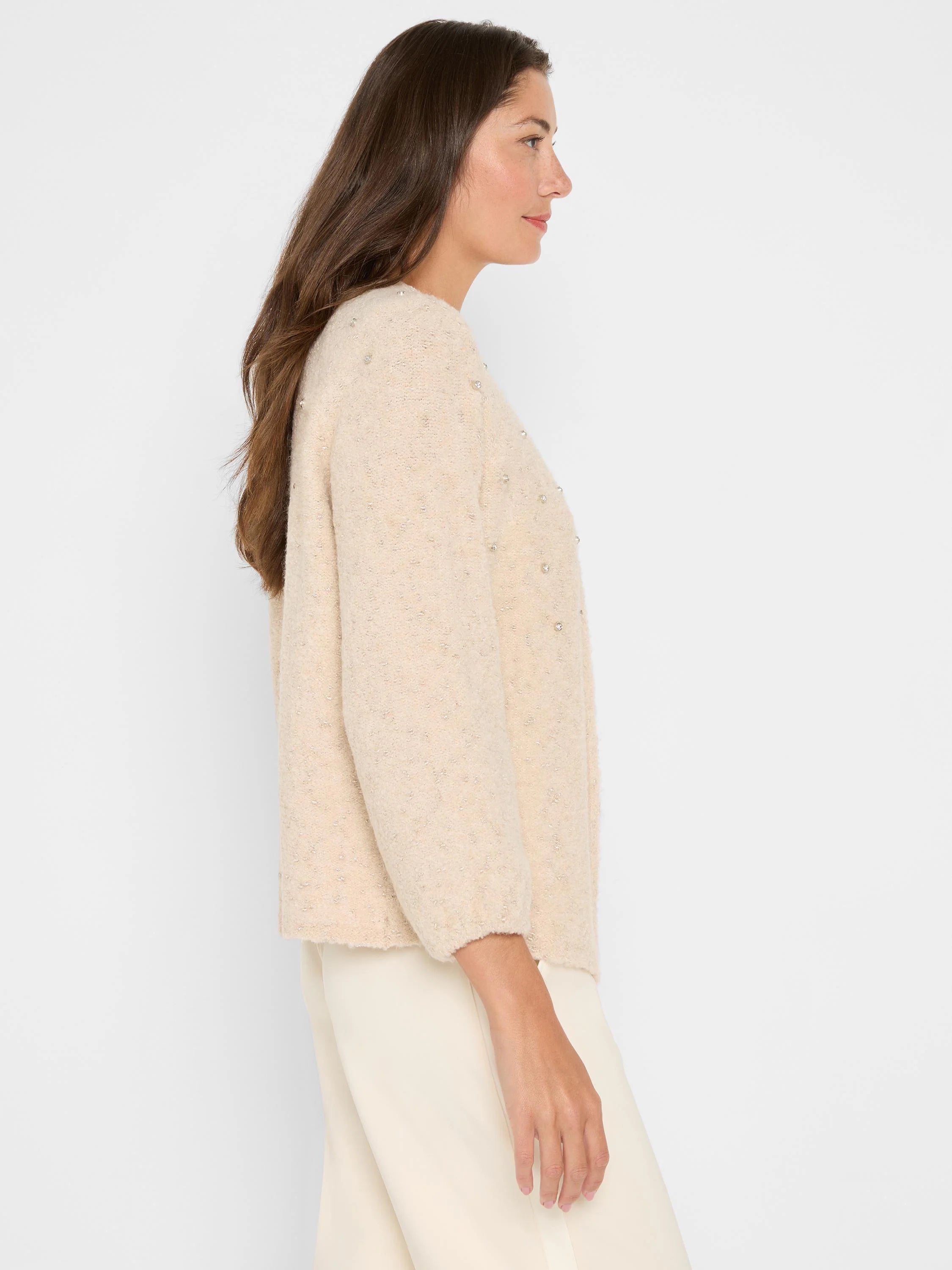 Light beige fuzzy cardigan with subtle silver flecks and scattered small silver beads.