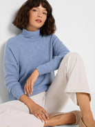 Periwinkle blue waffle knit mock neck sweater.