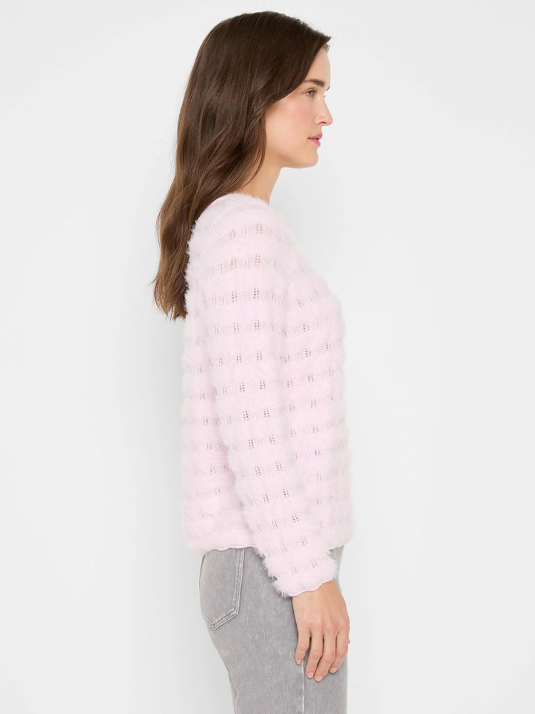 Light pink fuzzy sweater with horizontal open-knit wave pattern.