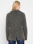 Mottled dark grey brushed blazer worn from behind. Features a collar, long sleeves, and a center back vent.