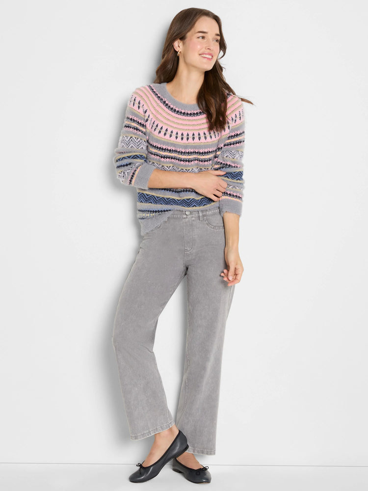 Fairisle sweater with gray, pink, blue, yellow, and black patterns. Soft texture, round neck.