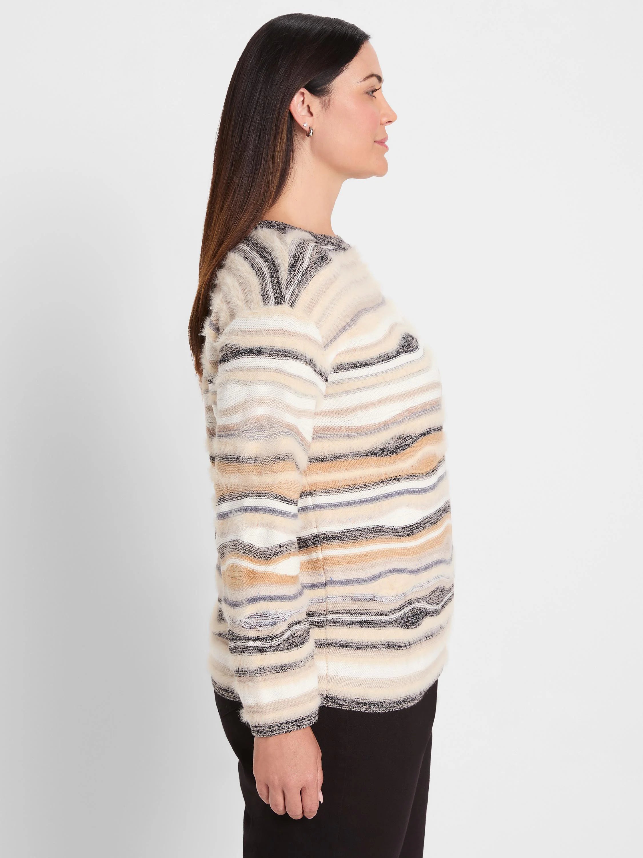 Fuzzy sweater with horizontal stripes in cream, tan, light grey, and dark grey. Long sleeves.