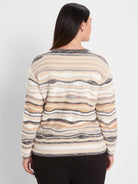 Back view: Odyssey Mix Sweater with fuzzy, wavy horizontal stripes in cream, tan, grey, and black.