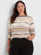 Cream, tan, grey, & black striped sweater with fuzzy horizontal bands and a textured knit.