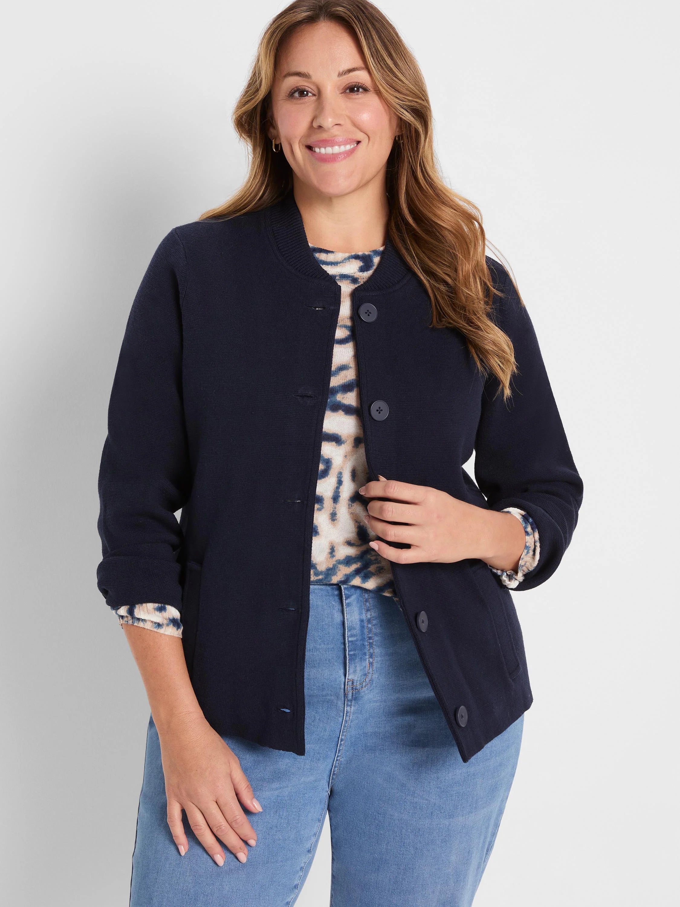Navy knit bomber jacket with a rounded neckline and button-front closure.