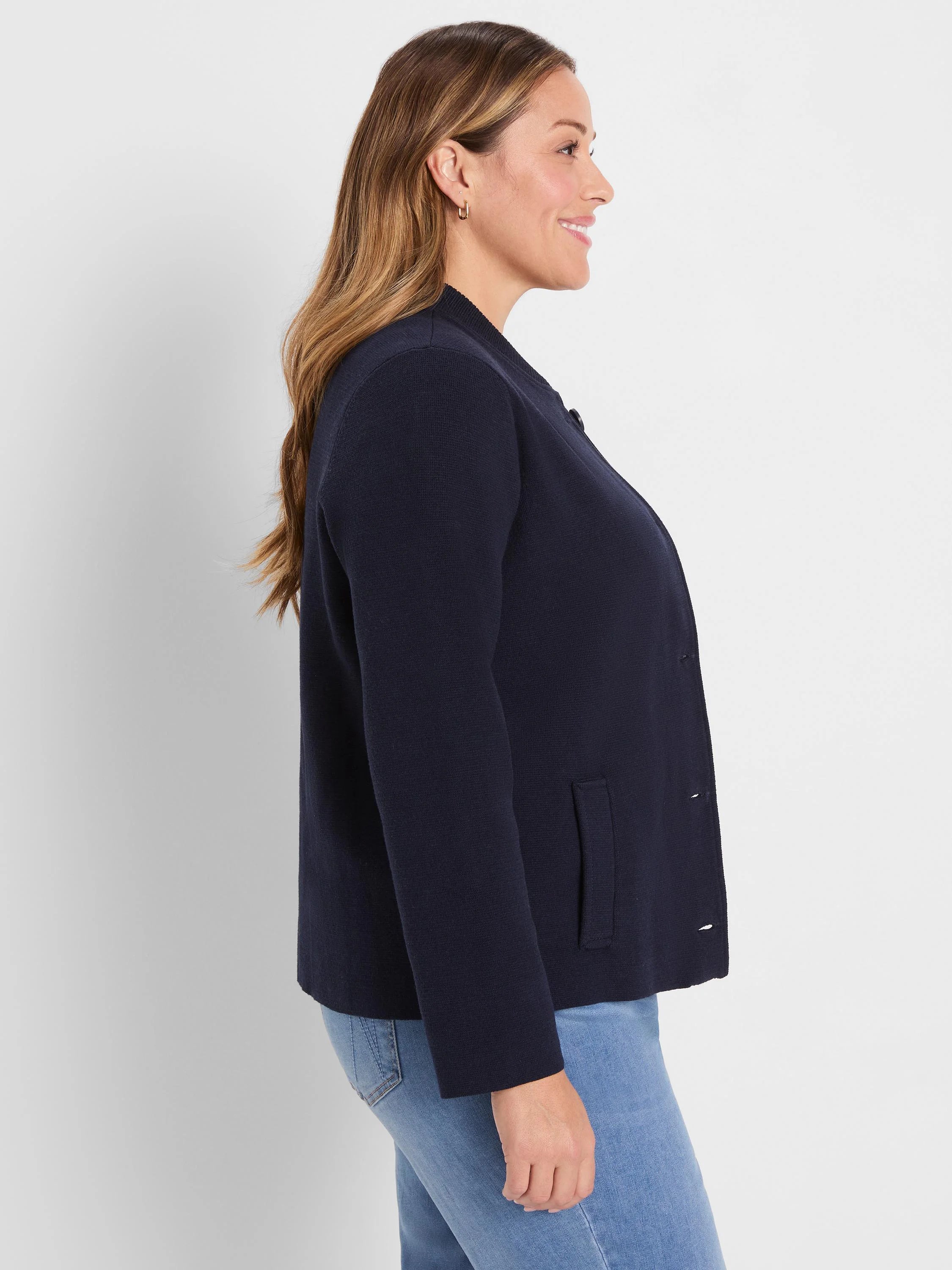 Navy knit bomber jacket with lapel collar, three buttons, and front patch pockets.