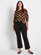 Tan and dark brown abstract check sweater, long-sleeved with a crew neck.