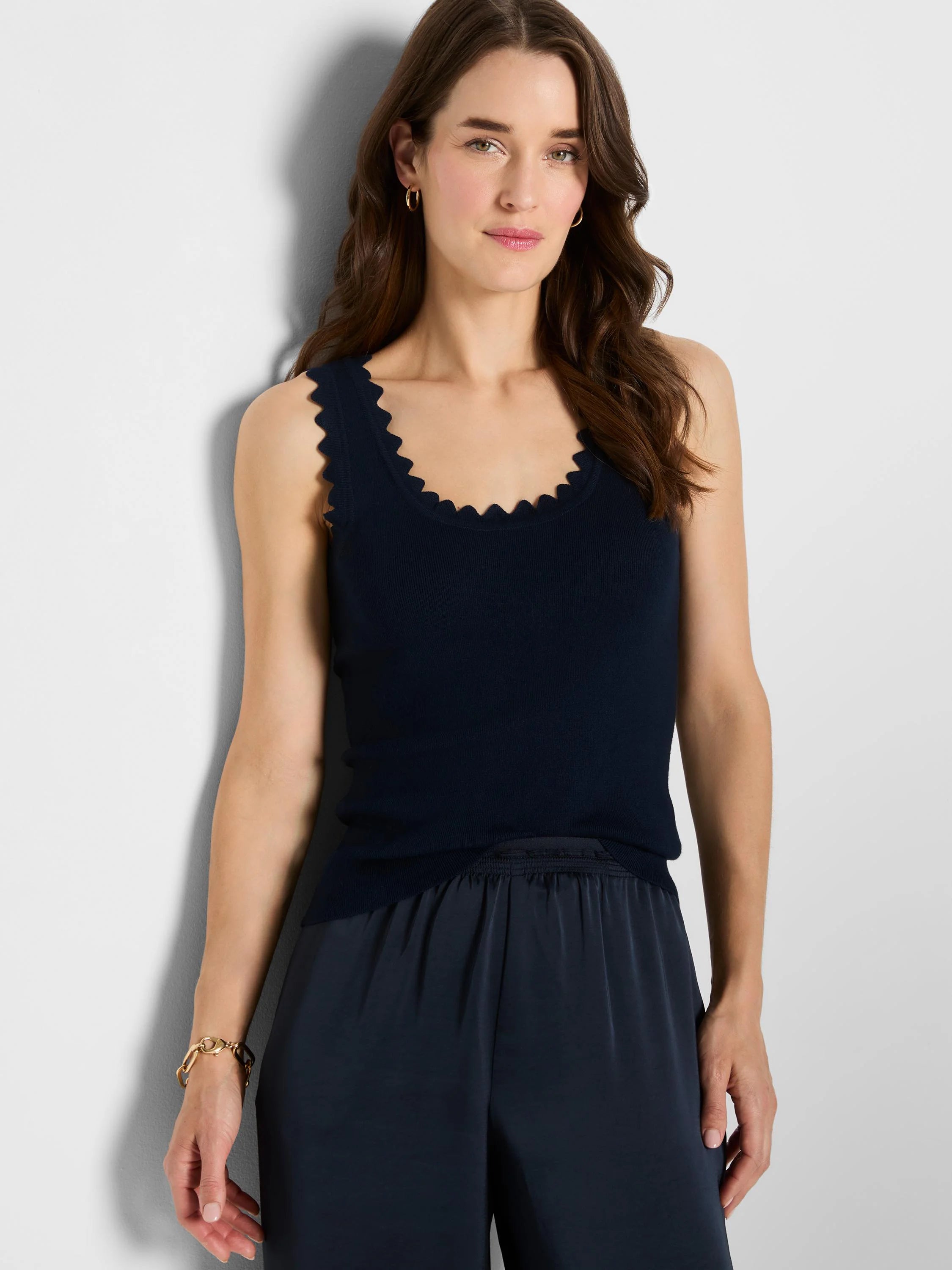 Navy ribbed sweater tank with scallop trim on scoop neckline and armholes.