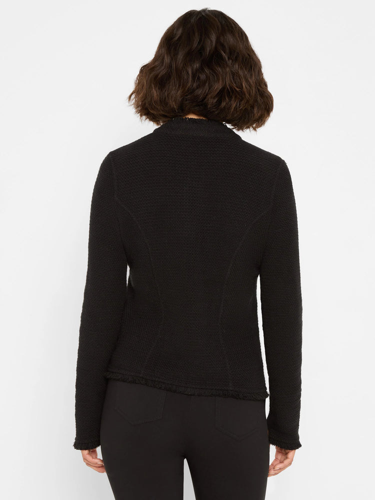 Black textured knit jacket with fringe at the hem and cuffs, viewed from behind.