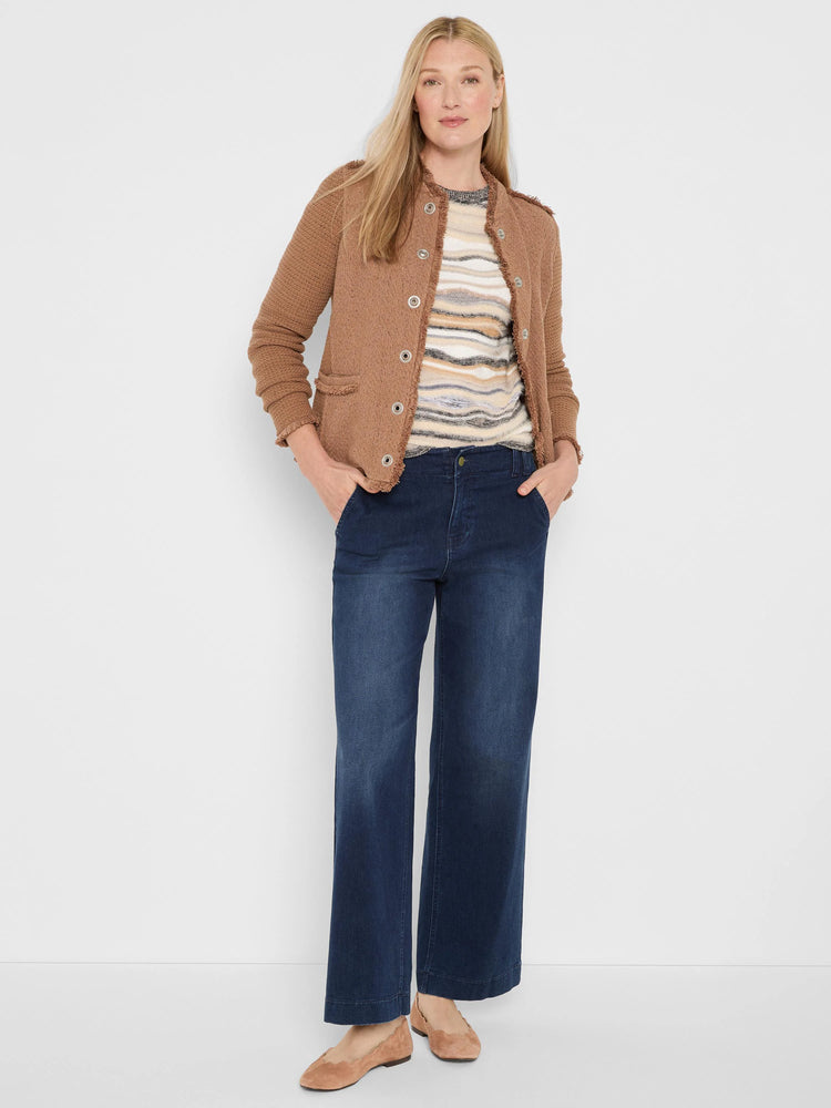 Brown mixed knit jacket with fringe trim on edges, two patch pockets, and silver grommet details down the front.