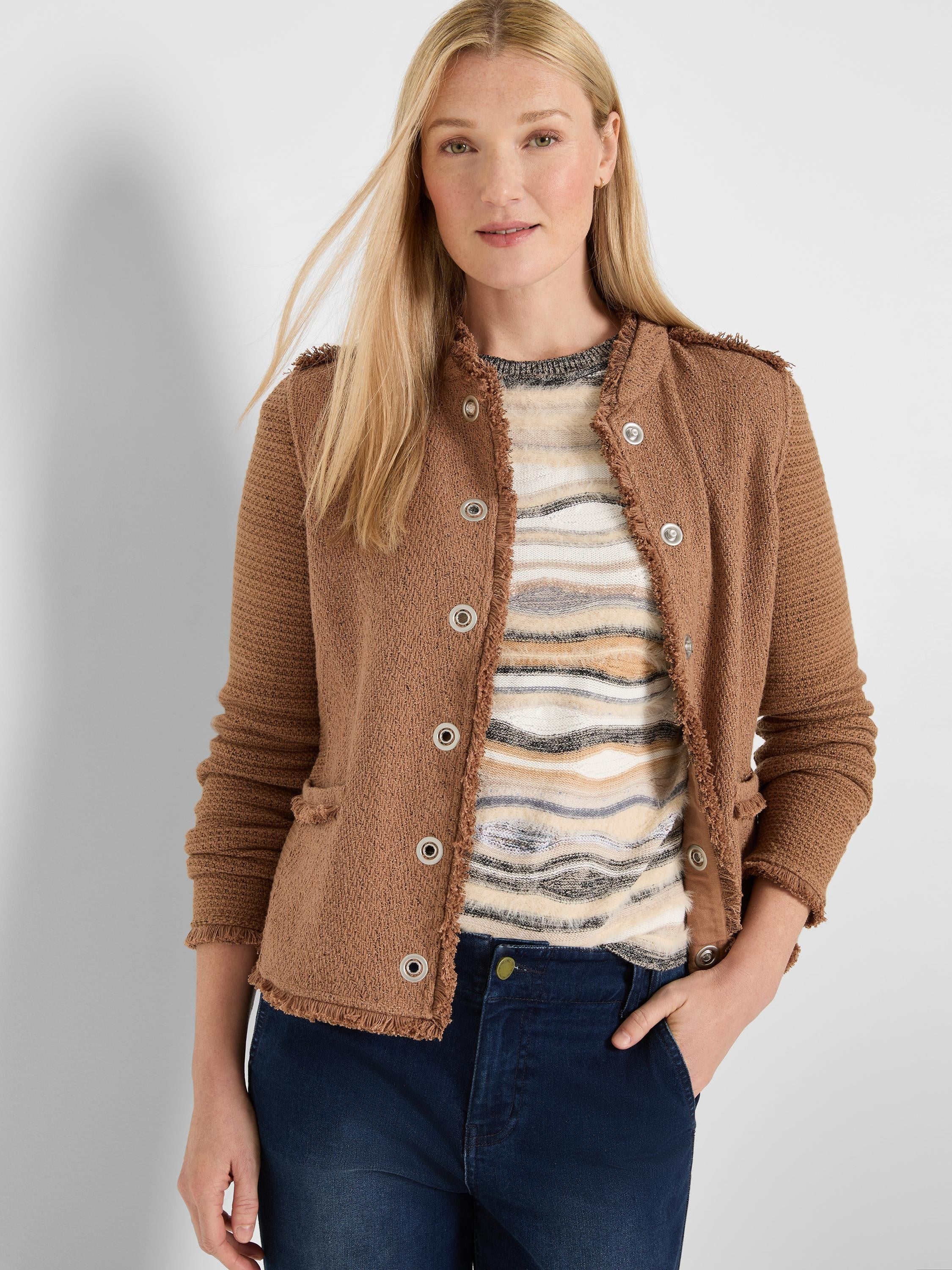 Brown knit jacket with fringe trim on collar, placket, cuffs, and shoulder tabs; silver buttons down the front.
