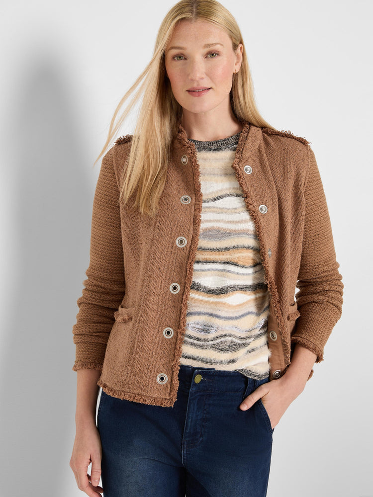 Brown knit jacket with fringe trim on collar, placket, cuffs, and shoulder tabs; silver buttons down the front.
