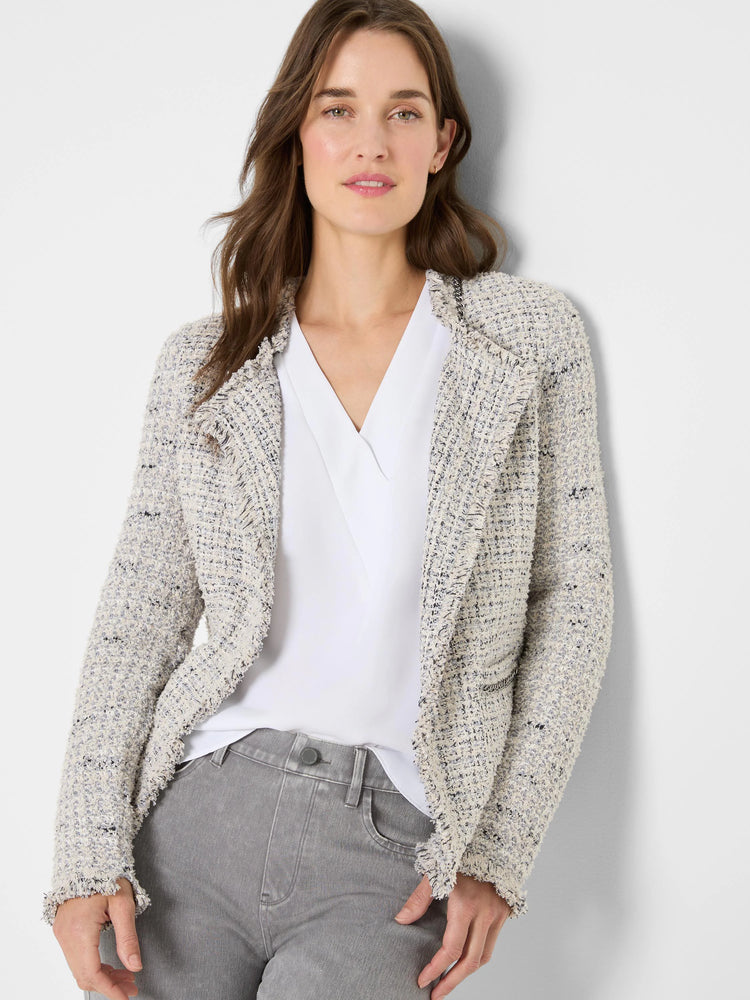 Off-white, black, and silver mix knit jacket with chain trim at neckline and fringe on edges.