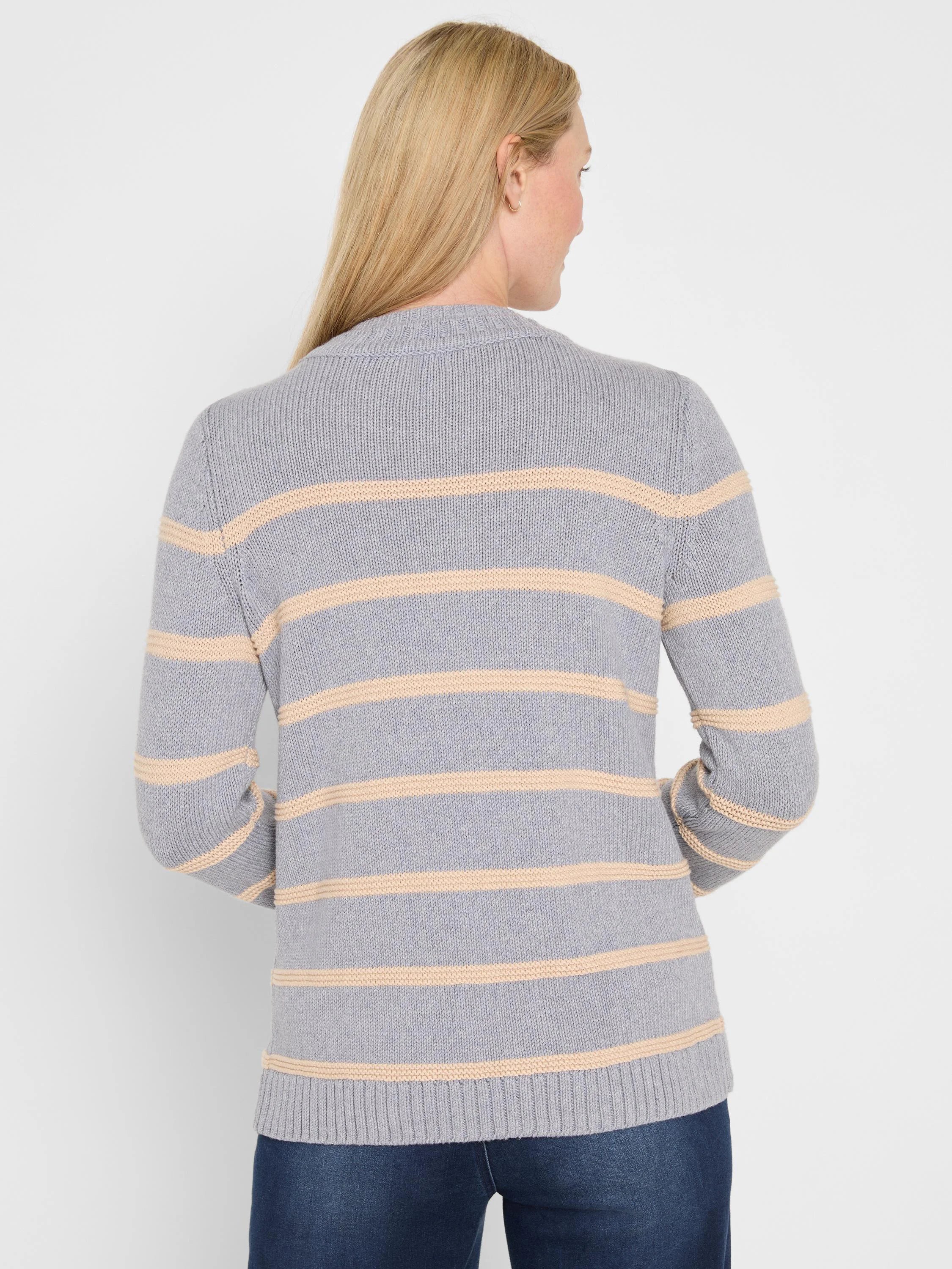 Pale gray knit sweater with horizontal peach-beige stripes.