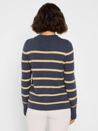 Back of a navy knit sweater with horizontal tan stripes.