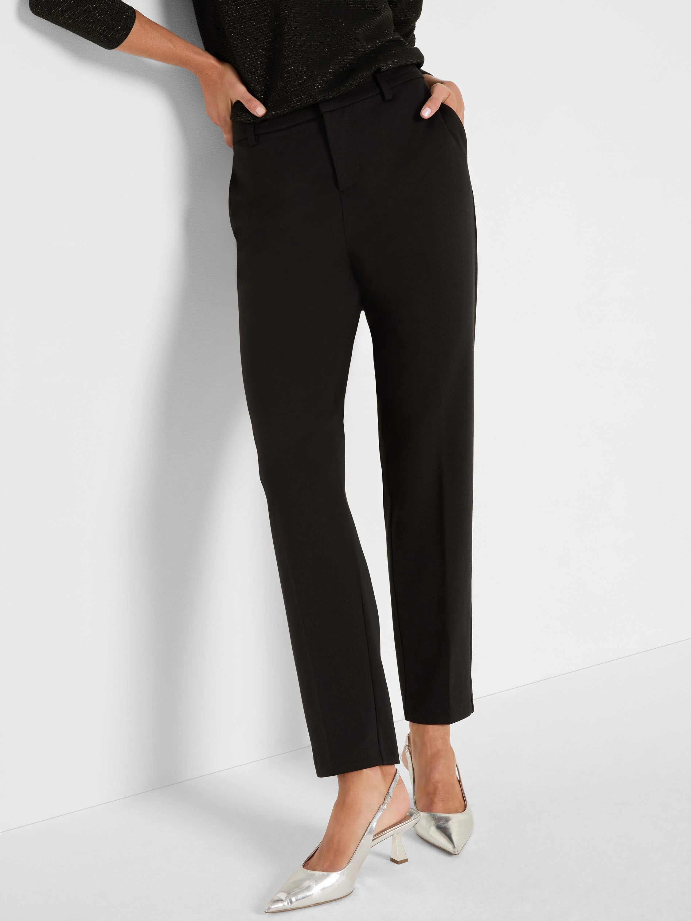 Black ponte knit trousers with a flat front, belt loops, tailored fit, and cropped ankle length.