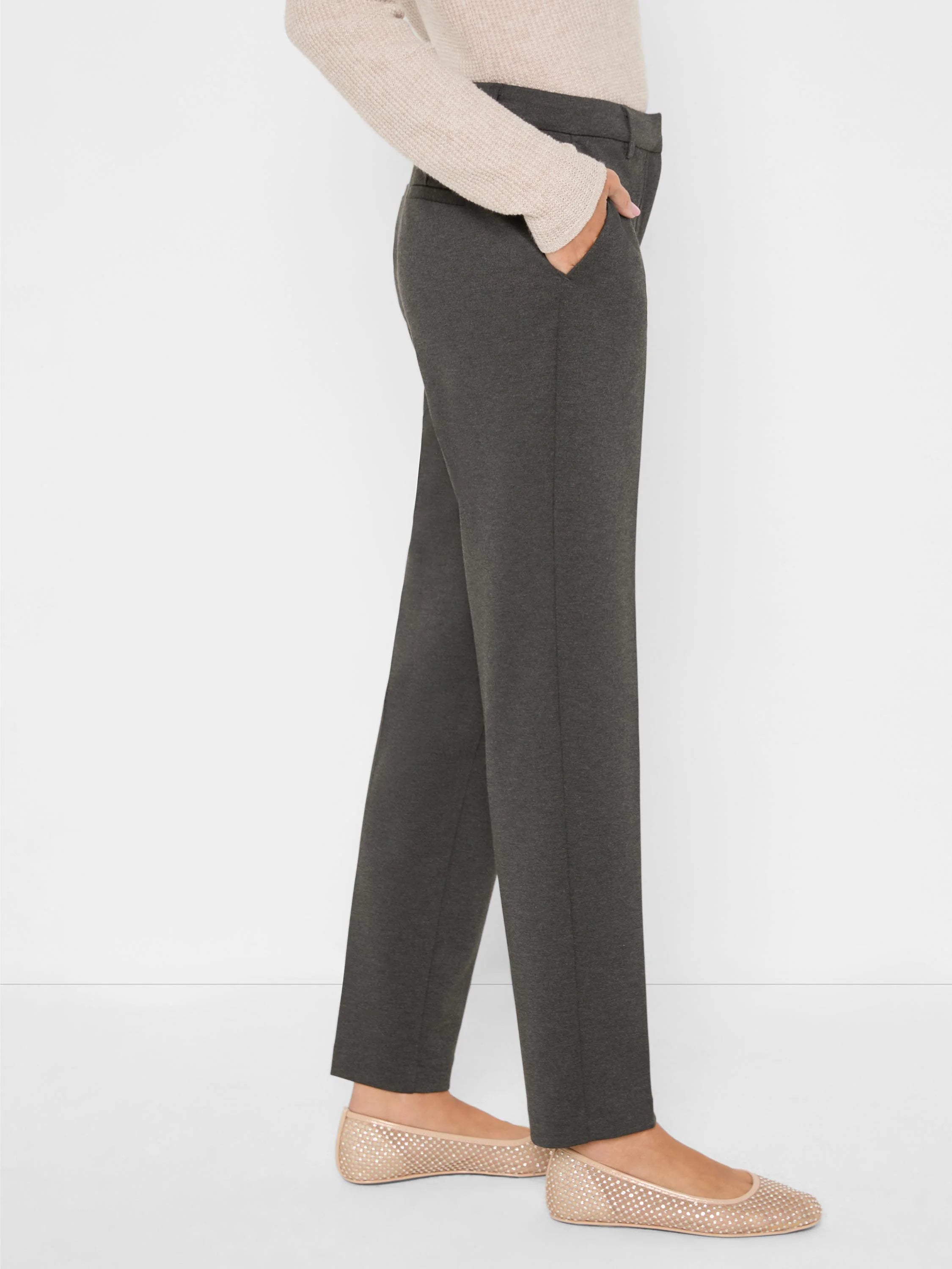 Dark grey ponte knit trousers with a straight leg, ankle length, flat front, and side pockets.
