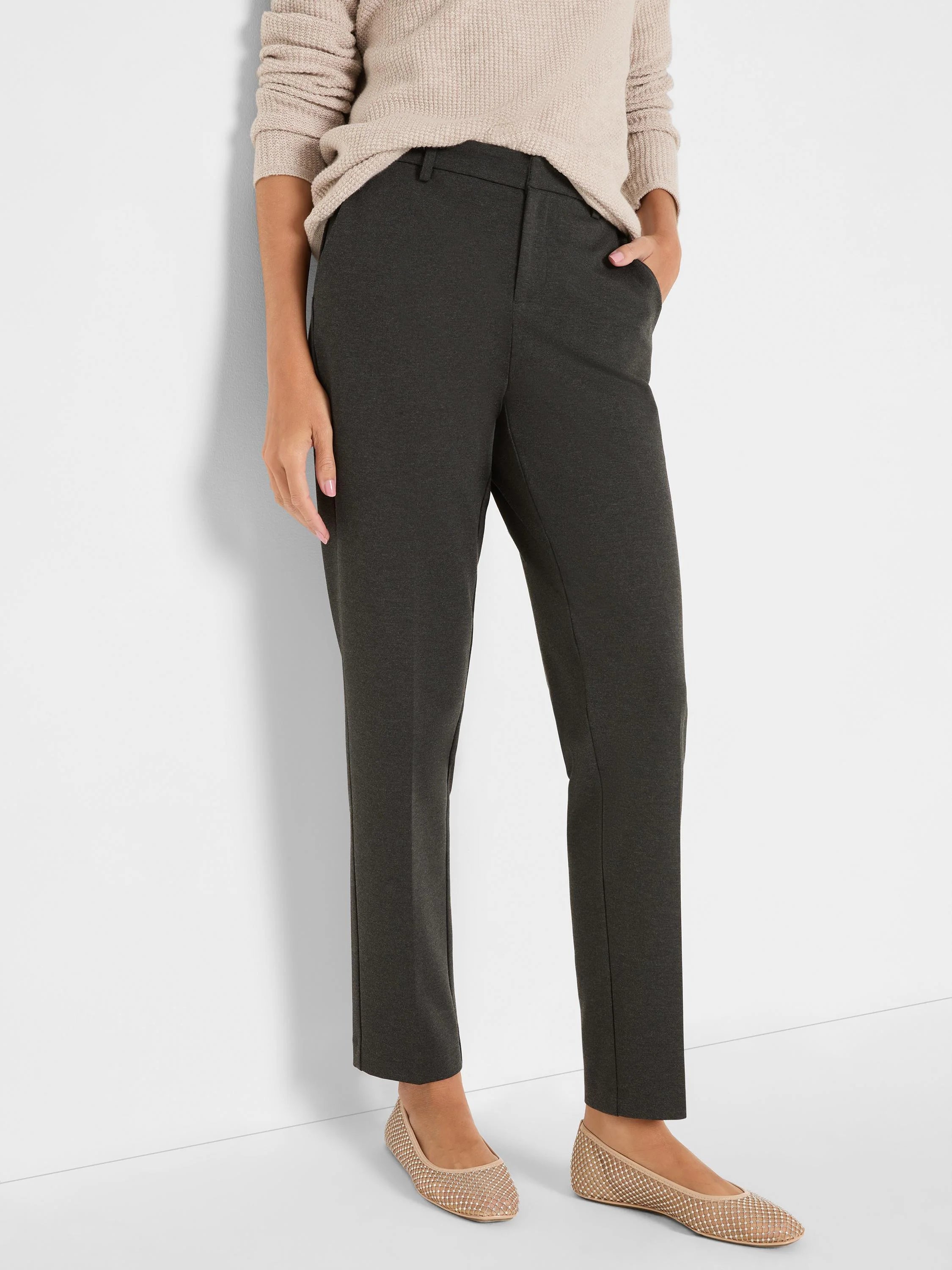 Dark grey ponte knit trousers with a flat front, visible belt loops, and an ankle-length, straight leg.